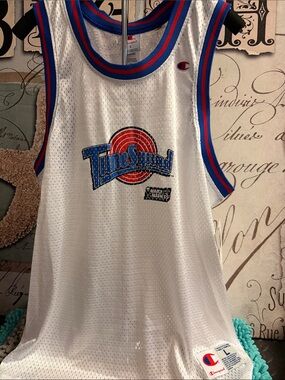 Champion White Tune Squad Mesh Basketball Tank with Blue & Red Trim
